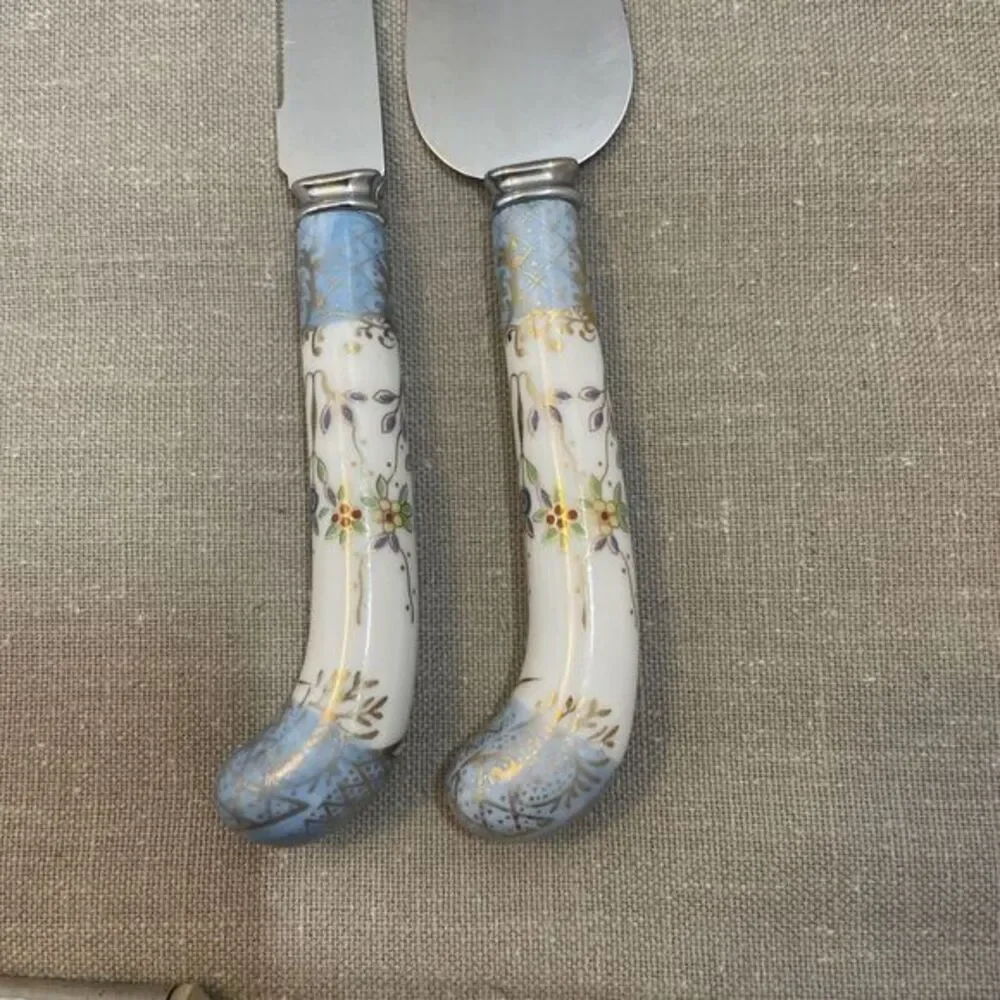 Sheffield England Stainless Cheese Knife &‎ Spreader Porcelain Handles Vintage